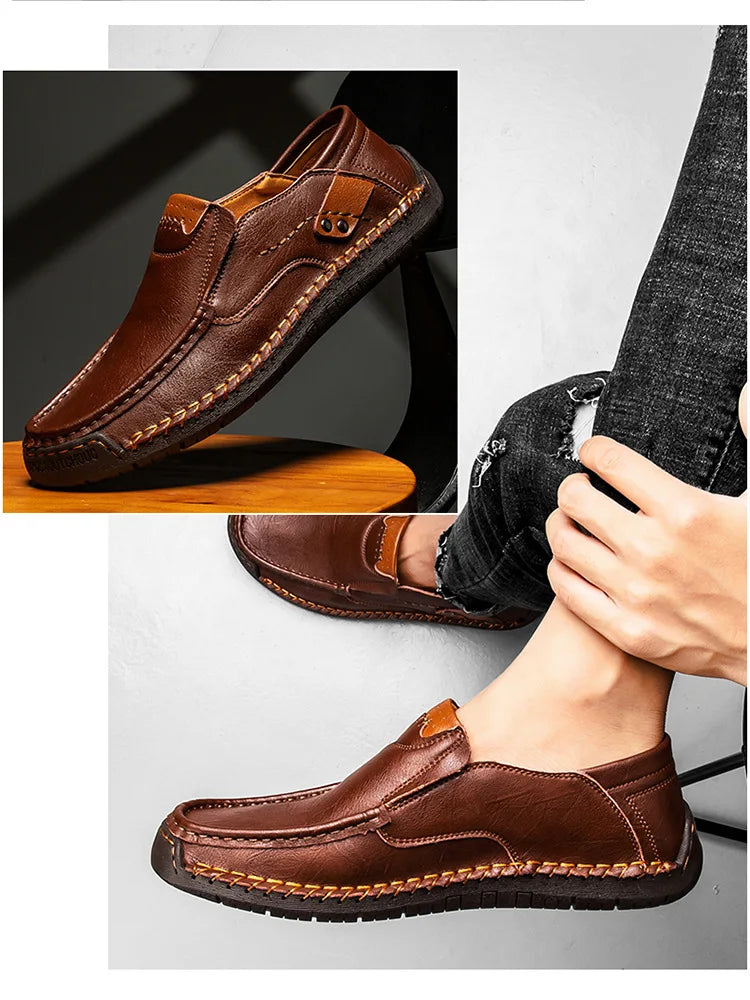Handmade Leather Men’s Loafers – Casual Slip-On Flats, Comfortable Outdoor Walking Shoes