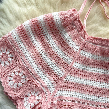 SINGREINY Women's Beach Knit 2-Piece Set – Halter Lace-Up Camis & Elastic Waist Shorts, Hollow Hook Flower Design