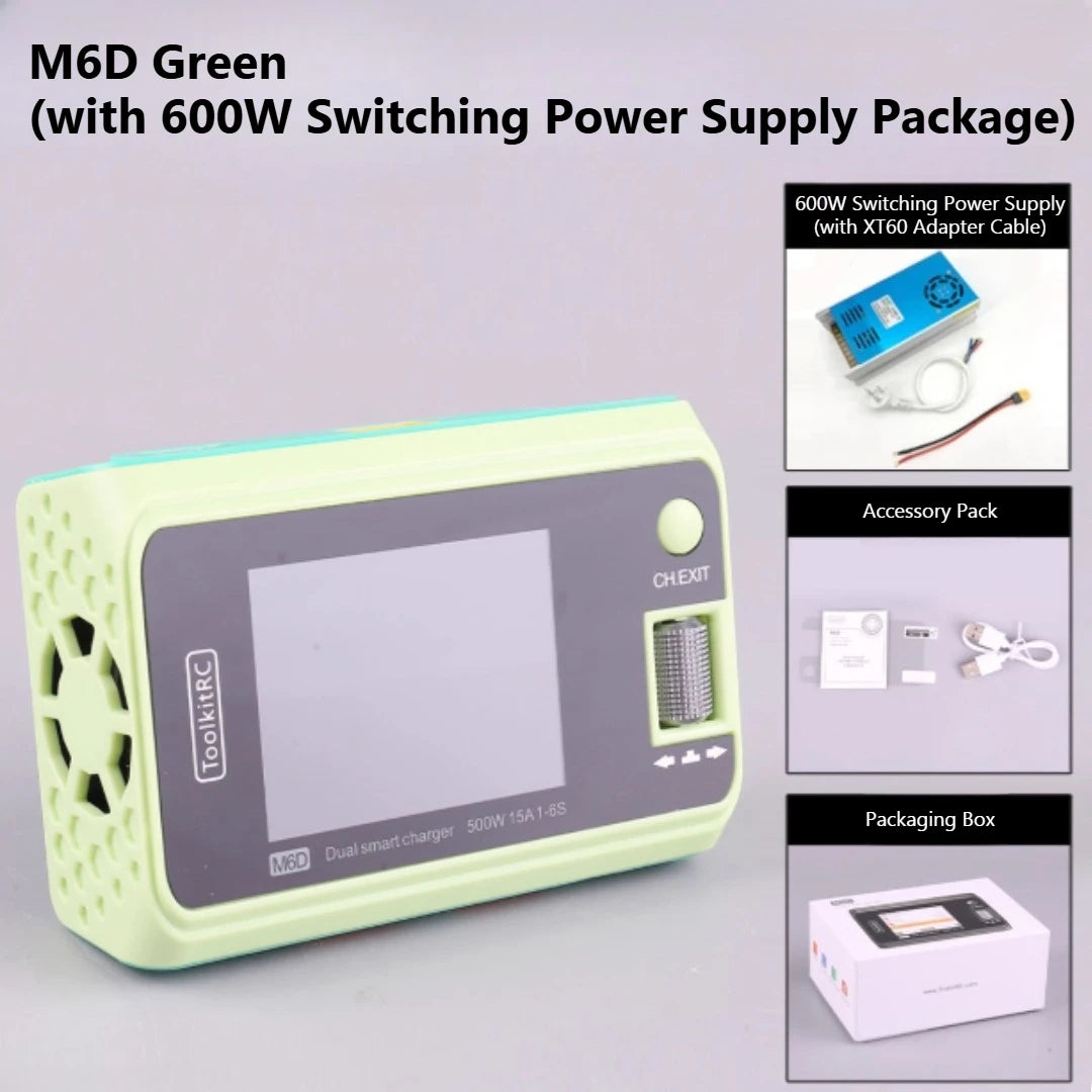 ToolkitRC M6D 500W Smart Charger - 15A Dual DC Charger & Discharger for 1-6S LiPo, LiHV, Li-Ion, NiMH & Pb Batteries