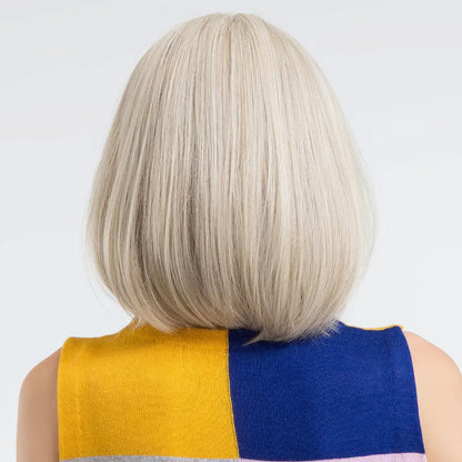 Short Bob Platinum Blonde Wig with Bangs – Synthetic Straight Hair, Heat-Resistant Wig for White Women, Daily & Party Wear