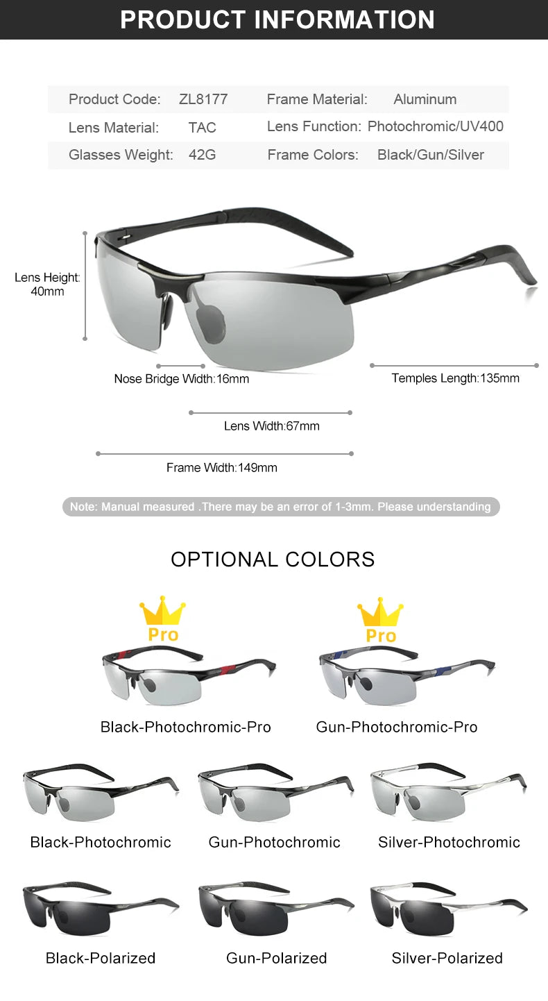 CLLOIO Aluminum Photochromic Sunglasses – Polarized Day & Night Chameleon Glasses for Men, Anti-Glare, UV Protection, Color Changing Sun Glasses