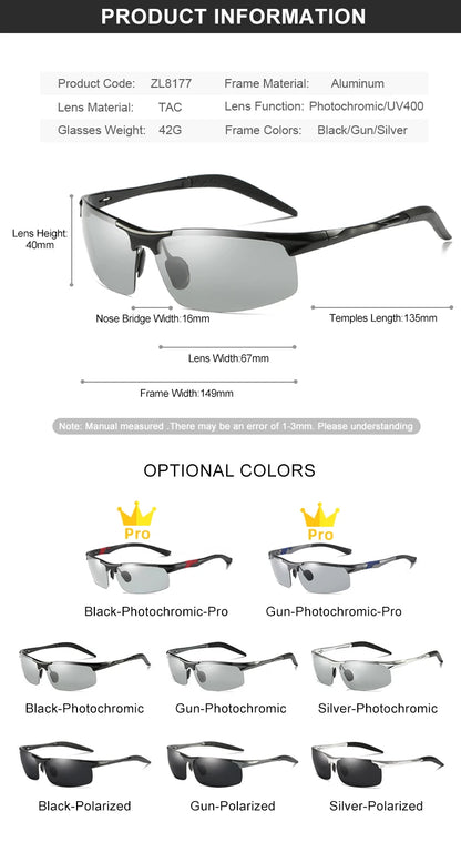 CLLOIO Aluminum Photochromic Sunglasses – Polarized Day & Night Chameleon Glasses for Men, Anti-Glare, UV Protection, Color Changing Sun Glasses