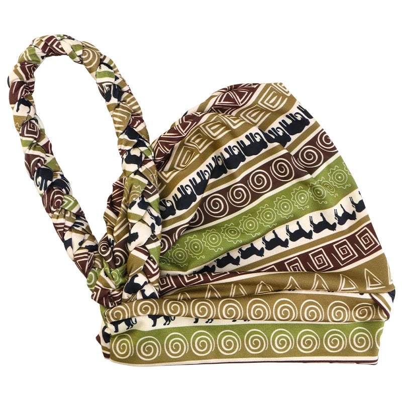 African Print Turban Headband Cap - Twisted Braid Head Wrap with Skullcap Style for Women