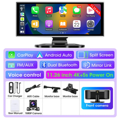 4K Dash Cam 10–11.26 Inch Car DVR – Wireless CarPlay & Android Auto GPS Navigation Dual Lens Video Recorder with WiFi FM AUX