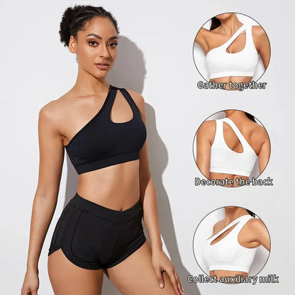 Women's One Shoulder Push-Up Sports Bra - Shockproof Fitness Bra for Yoga, Running, and Gym Workouts ( Black / White )