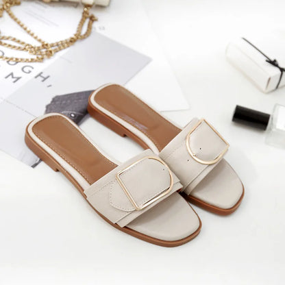 Women’s Flat Slippers — Summer Leather Square Toe Flats, Designer Slides & Luxury Sandals