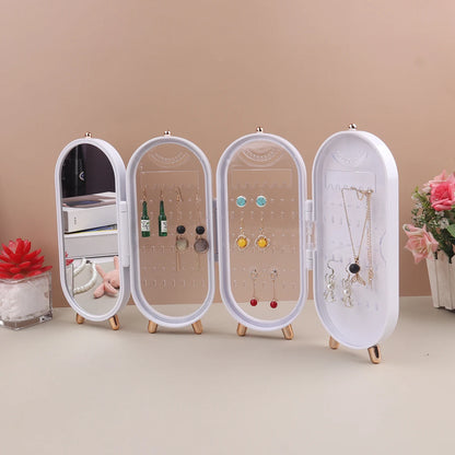 Foldable Jewelry Box Organizer with Mirror: Plastic Storage Container for Women - Desk Storage Rack for Earrings, Necklaces, Rings, and More