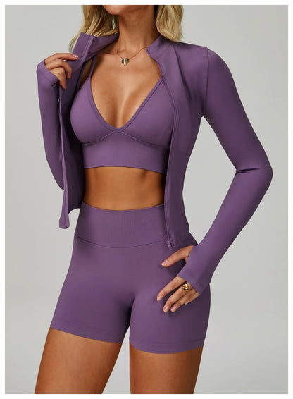 2/3PCS Women’s Seamless Yoga & Gym Set – Push-Up Sports Bra, Long Sleeve Jacket & Workout Leggings