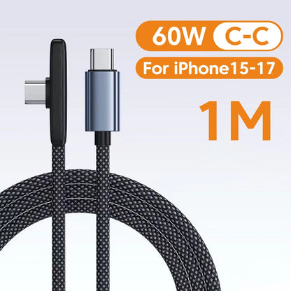 100W USB-C Fast Charging Cable - 90° Elbow PD Data & Gaming Cable for Samsung, Huawei, POCO & Realme