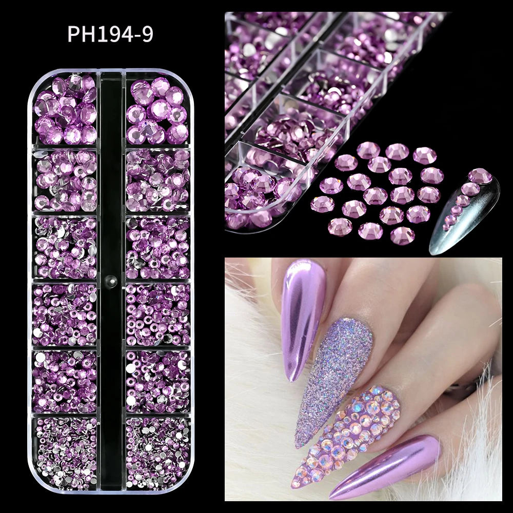 12-Grid 3D Glass AB Crystal Nail Art Rhinestones Kit – Flatback Round Beads with Tools for Nail Jewelry & Diamond Decoration