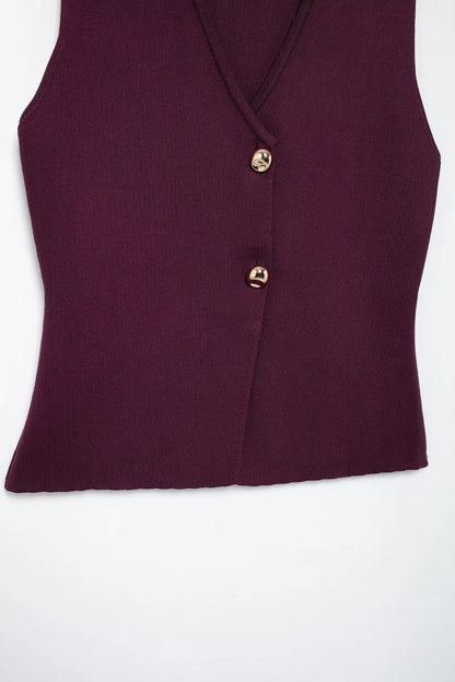 TRAFZA 2025 Women’s Wine Red Skirt Set – Knitted V-Neck Vest with High Waist Zipper Patchwork Long Skirt