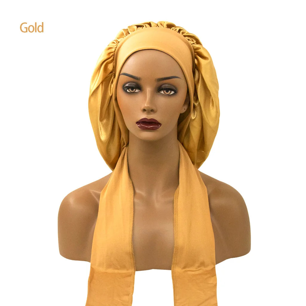 Satin Nightcap for Women - Wide Stretch, Extra-Large Long Tail, Shower Cap with Ribbon, Round Hat Hair Bonnet