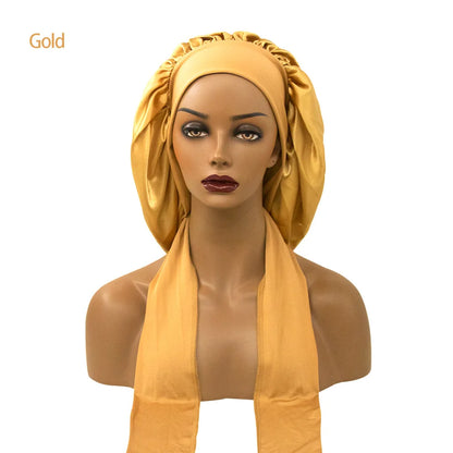 Satin Nightcap for Women - Wide Stretch, Extra-Large Long Tail, Shower Cap with Ribbon, Round Hat Hair Bonnet
