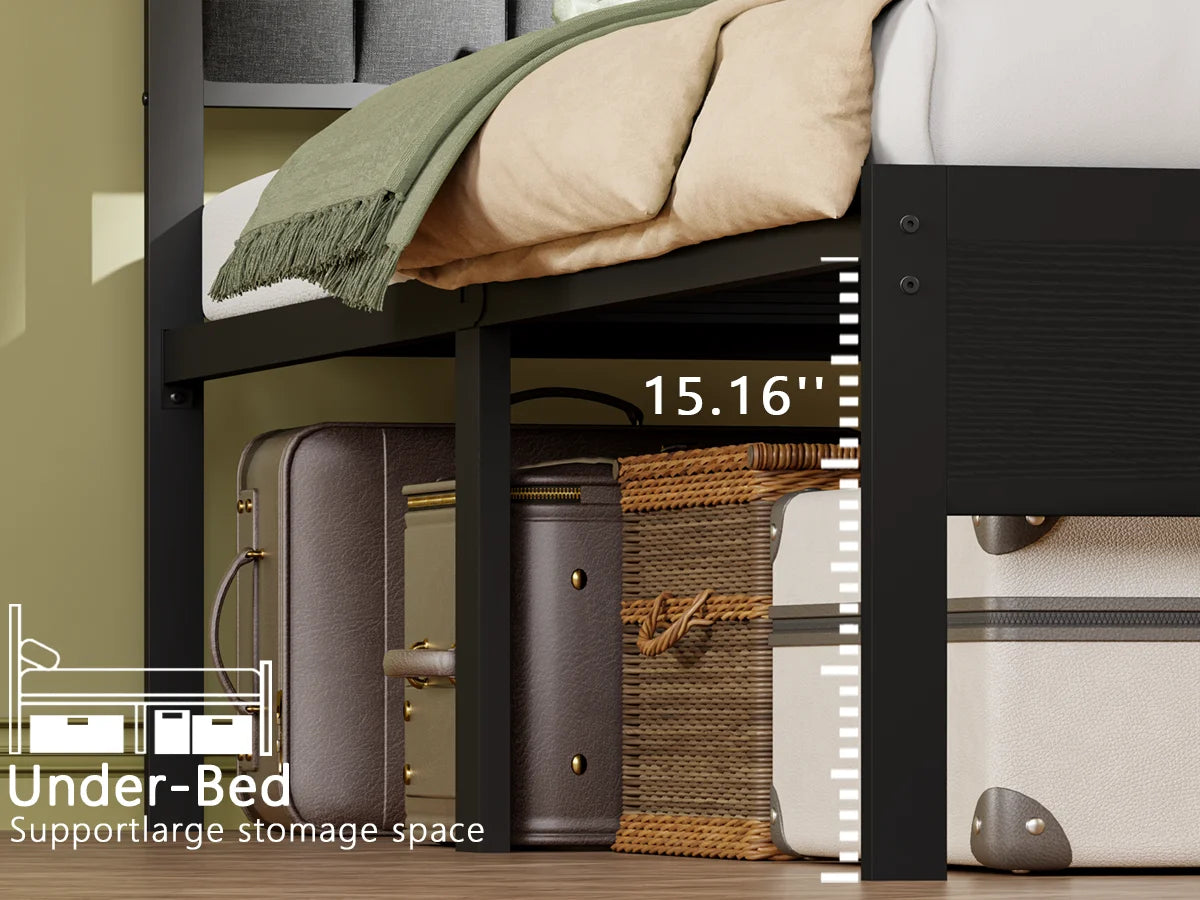 Full/Queen LED Bed Frame – Platform Bed with Soft Cushioned Headboard and Built-In Charging Station