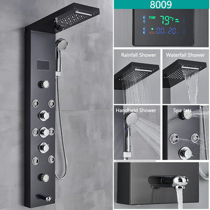 LED Light Bathroom Shower Faucet Set - Rainfall Shower Panel System with Temperature Display, Water Mixer Tap, and SPA Massage Feature