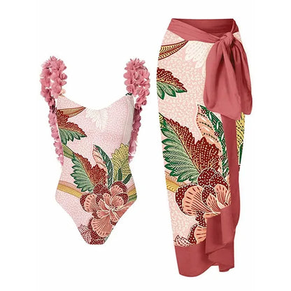 Blue One-Shoulder Ruffle Floral Monokini Swimsuit with Cover Up Sexy One Piece Beach Swimwear for Women Summer