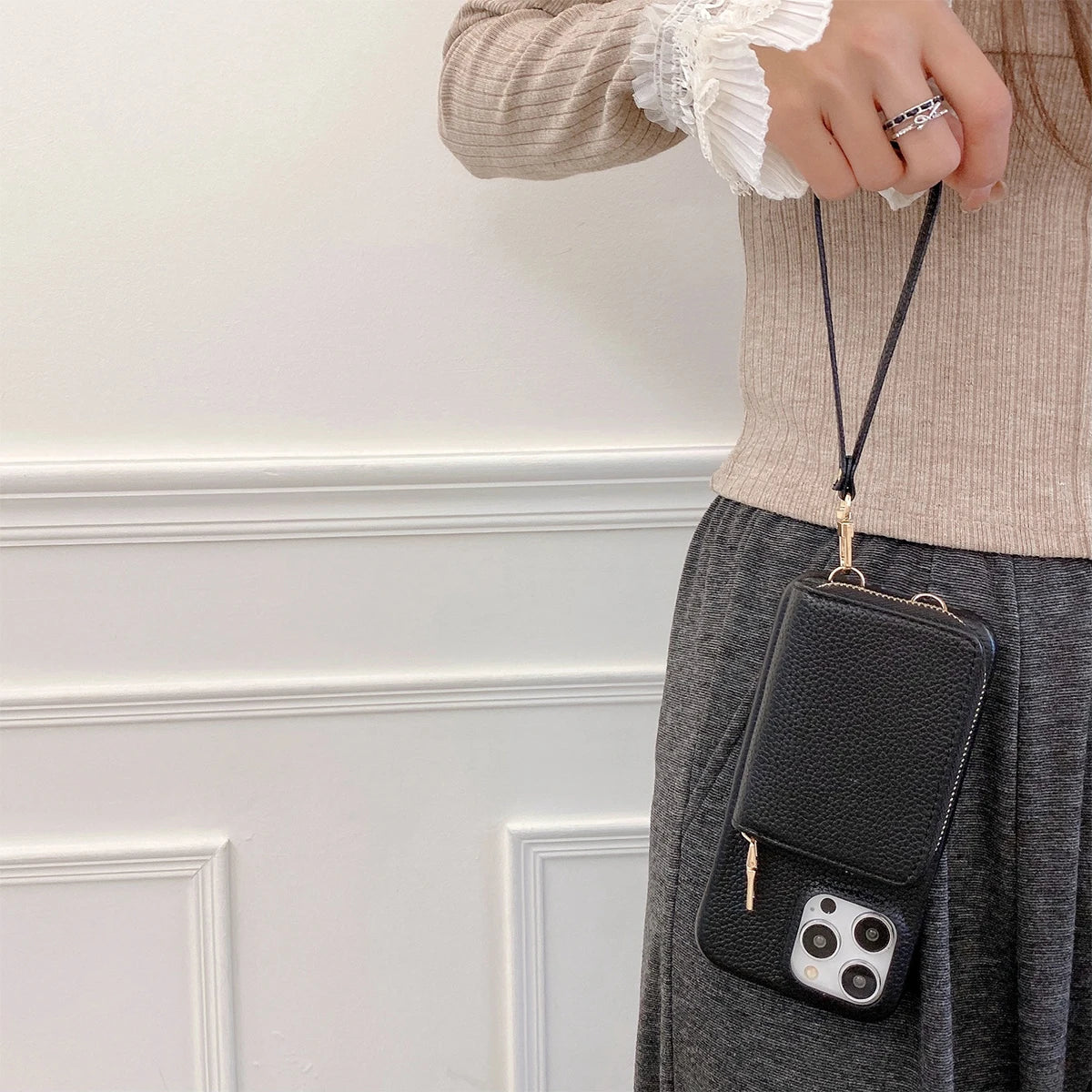 Luxury Litchi PU Leather iPhone Case – Card Holder Lanyard Wallet Cover for iPhone 11 to 15 Pro Max 📱✨