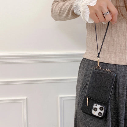 Luxury Litchi PU Leather iPhone Case – Card Holder Lanyard Wallet Cover for iPhone 11 to 15 Pro Max 📱✨
