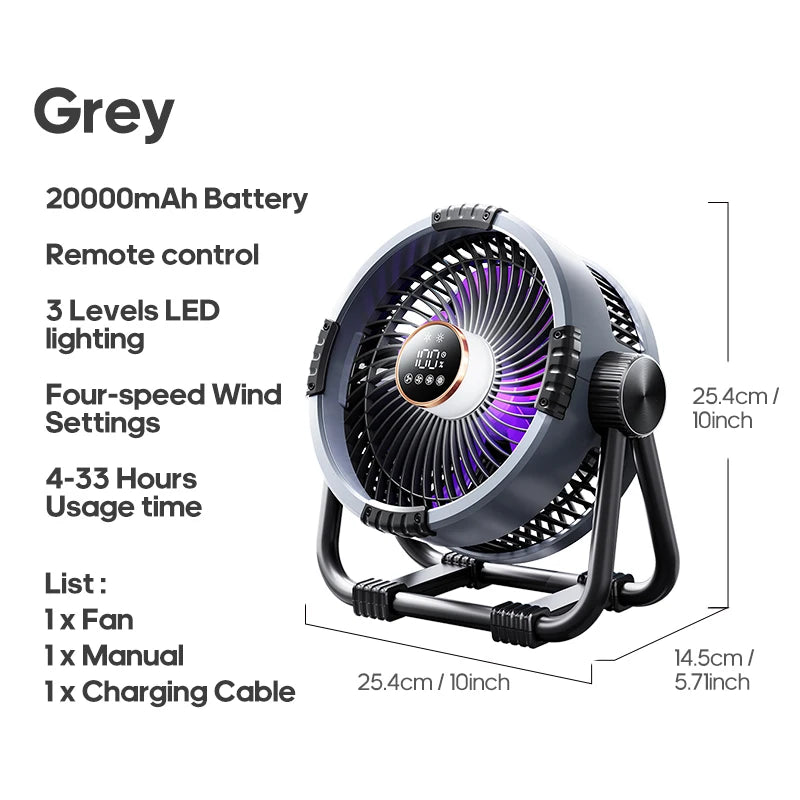 KINSCOTER 6-in-1 Portable Camping Fan — 20000mAh Rechargeable Outdoor Fan with 4 Speeds, Hook & LED Light