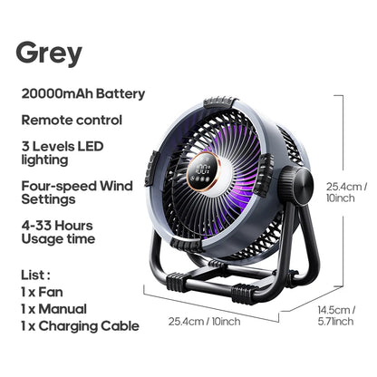 KINSCOTER 6-in-1 Portable Camping Fan — 20000mAh Rechargeable Outdoor Fan with 4 Speeds, Hook & LED Light