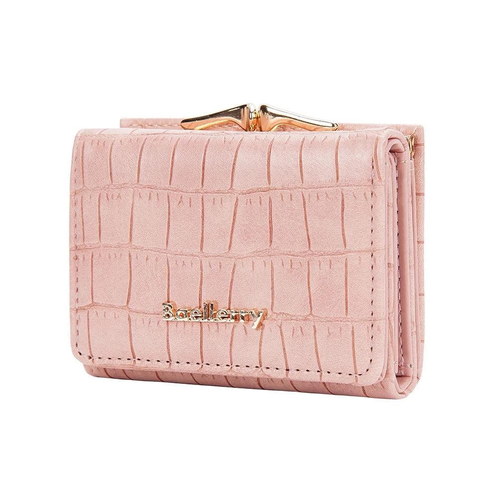 Baellerry Short Women’s Wallet — Crocodile Pattern Coin & Card Holder with Photo Slots, Hasp Purse for Girls