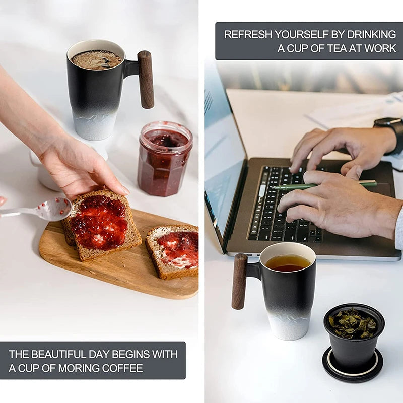 Vintage Luxury Ceramic Bubble Tea Cup with Wooden Handle - Large Thermal Coffee Mug and Personalized Tableware Gift