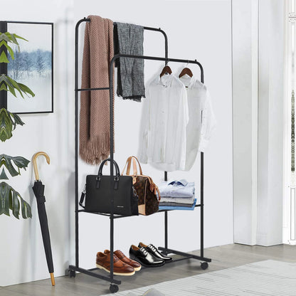 Rolling Clothes Rack – Garment Hanger with 2-Tier Storage Shelves