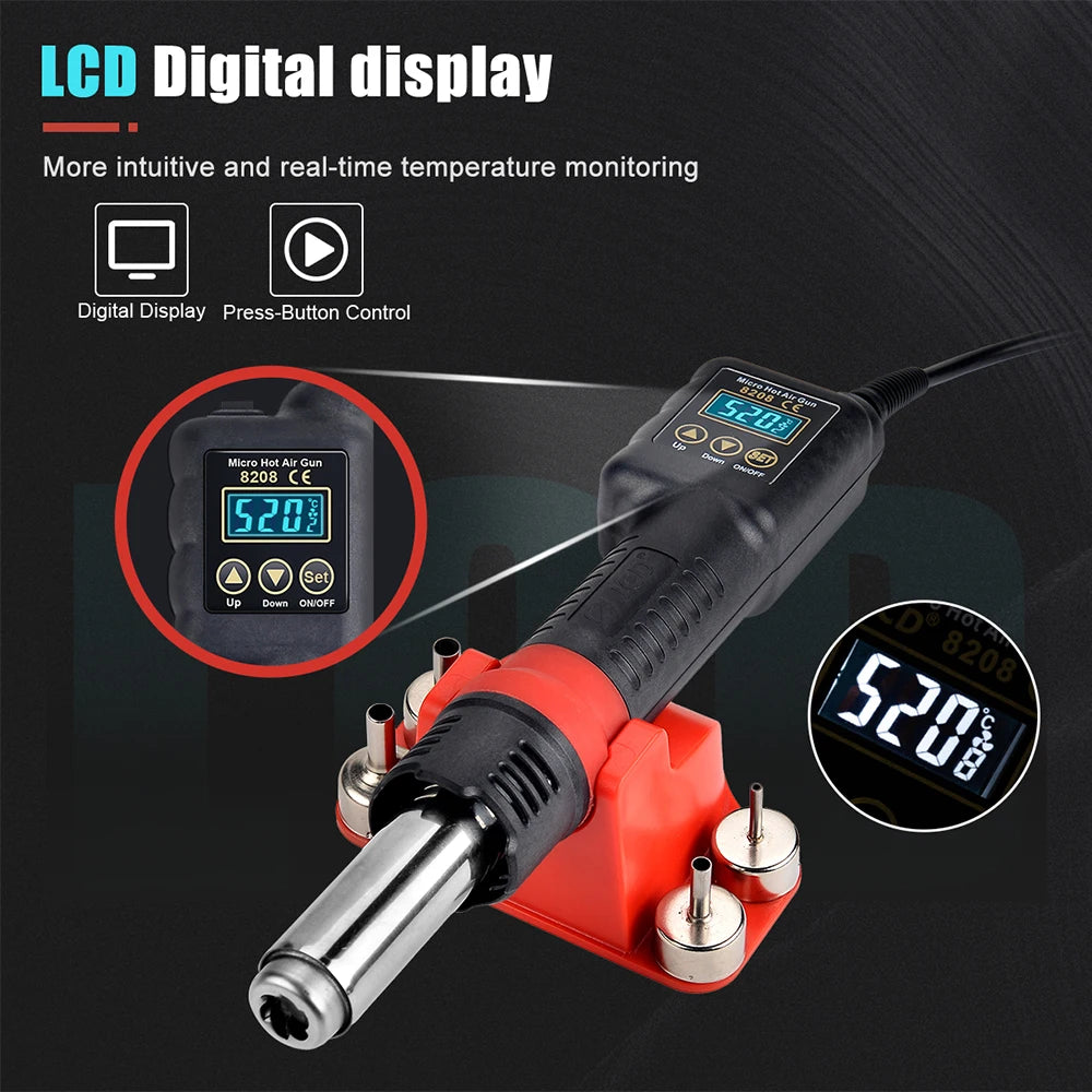 JCD Micro Hot Air Gun 8208 – 750W Soldering & Welding Rework Station, LCD Display All-in-One Heat Gun for BGA & IC Soldering