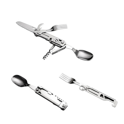 Multifunctional Portable Stainless Steel Tableware - All-in-One Knife Card Tool with Rope and Saw for Outdoor Camping Survival