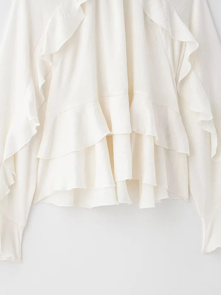 Women’s Long Sleeve Ruffled Blouse – Stand Collar Elegant Chic Fashion Shirt
