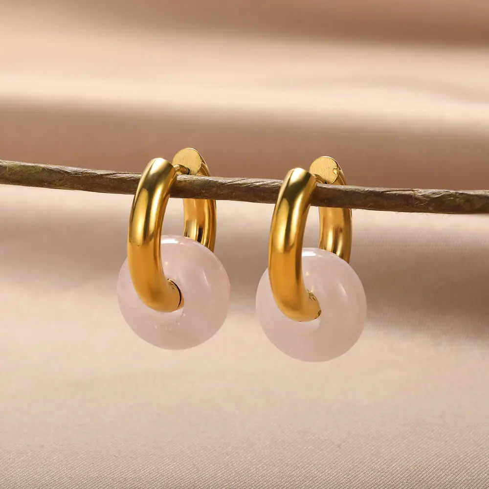 Leopard Bead Opal Stainless Steel Hoop Earrings — Gold Color, Anti-Fading Wedding & Prom Jewelry for Women, Gift Accessory