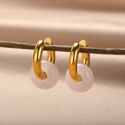 Leopard Bead Opal Stainless Steel Hoop Earrings — Gold Color, Anti-Fading Wedding & Prom Jewelry for Women, Gift Accessory