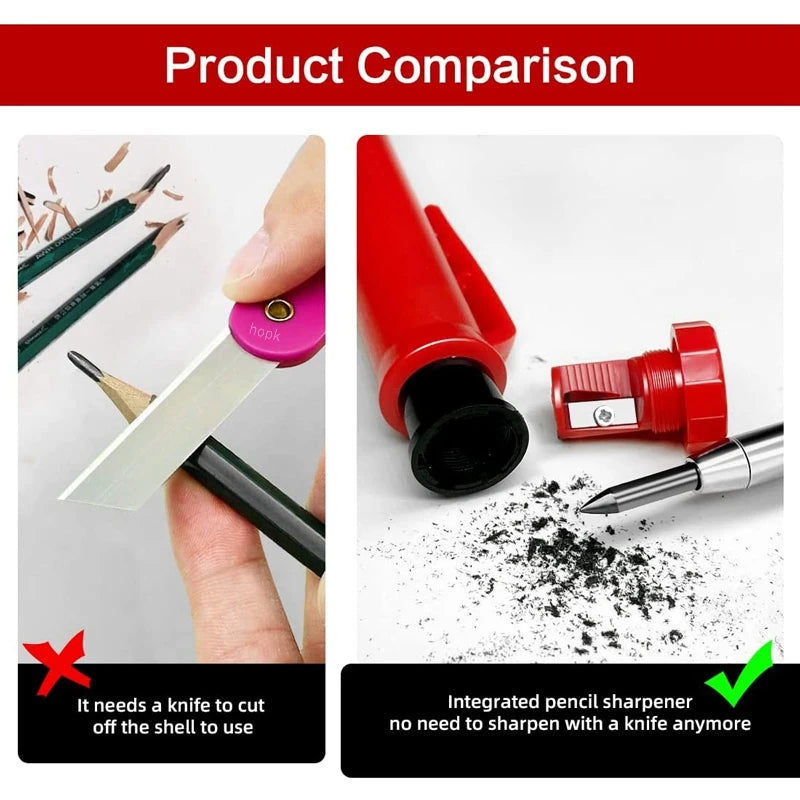 Complete Carpenter Pencil Set - Includes 6 Refill Leads and Built-in Sharpener - Ideal Marking Tool for Woodworking and Deep Hole Precision - Mechanical Pencils