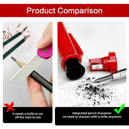 Complete Carpenter Pencil Set - Includes 6 Refill Leads and Built-in Sharpener - Ideal Marking Tool for Woodworking and Deep Hole Precision - Mechanical Pencils