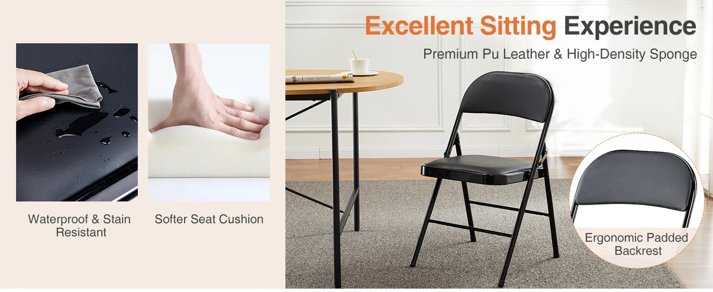 Leather Padded Folding Chairs – 4 Pack Sturdy Metal Rocking Dining Chairs for Living Room, Outdoor & Office