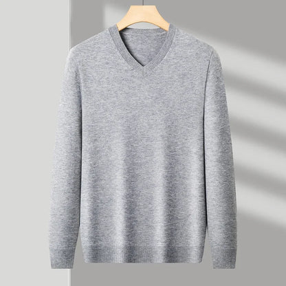 Men's V-Neck Knit Sweater - Solid Color Warm Elastic Oversized Autumn Pullover Casual Top