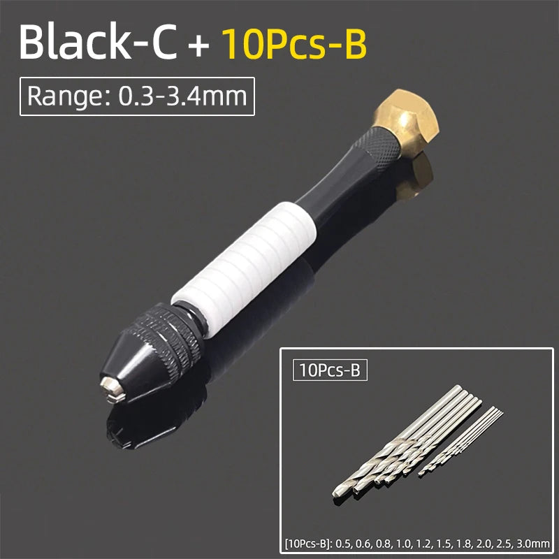 Mini Aluminum Hand Drill 0.3–3.4mm – Keyless Chuck Micro Rotary Tool with HSS Twist Drill Bit Set for Wood & DIY Crafts