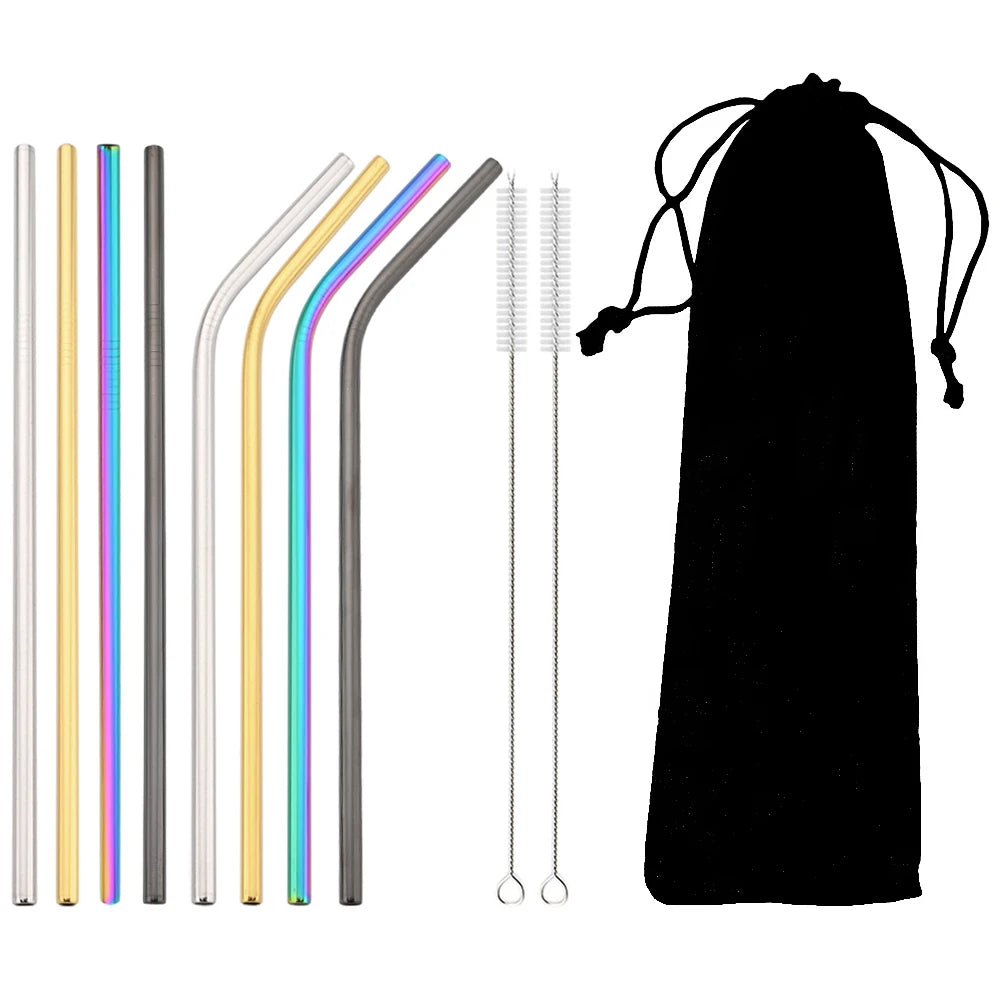 Colorful 304 Stainless Steel Reusable Straws Set — Metal Drinking Straws with Cleaning Brush for Cocktails & Glasses