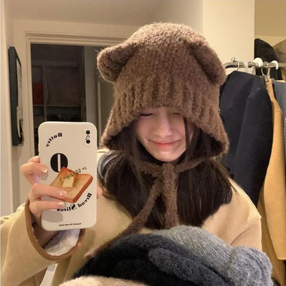 Cute Girl Knit Bear Earmuff Hat – Women’s Woolen Crochet Beanie Bonnet Winter Warm Headwear