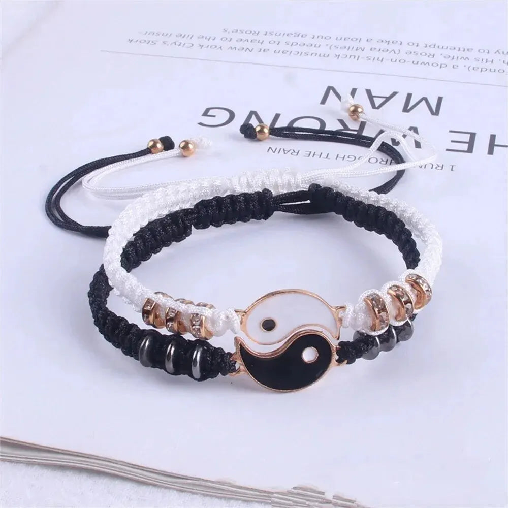Couple Tai Chi Bracelet Set – Black & White Adjustable Rope Chain Jewelry for Daily Wear, Simple Style