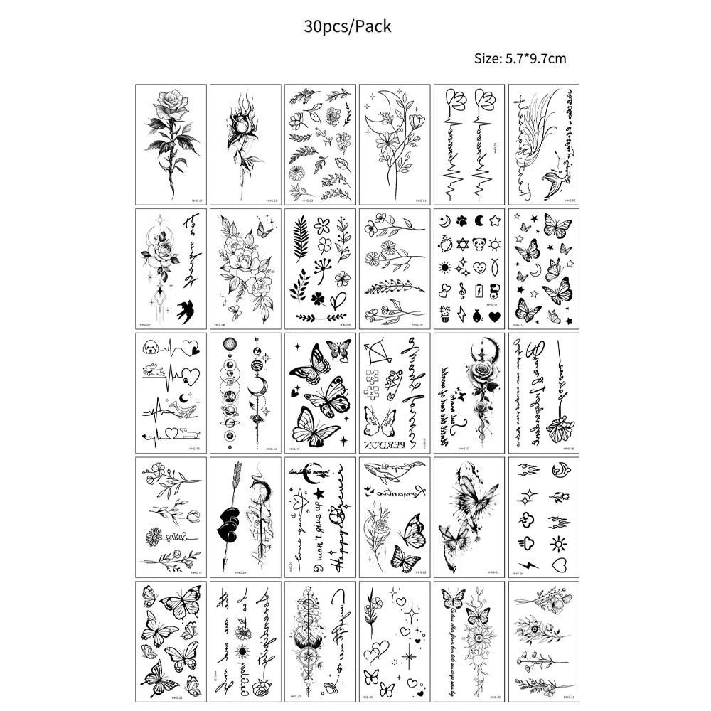 30pcs Black Temporary Tattoo Stickers - Flower Butterfly Rose Moon Star Mandala Designs for Hand, Chest & Body Art