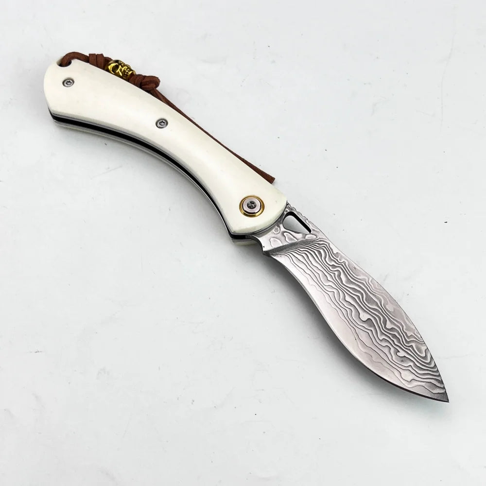 Higonokami Damascus Steel Folding Knife - Bone Handle Camping & Slicing Tool
