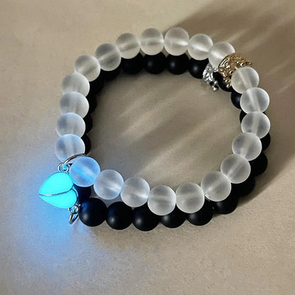 Handmade Crown Beaded Charms Bracelet Set - Luminous Heart Glow In The Dark Couple Bracelet for Men Women - Fluorescent Gift (2pcs)