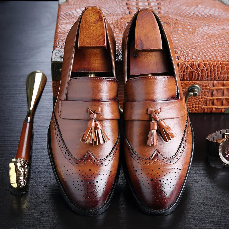 Luxury Men's Leather Tassel Loafers - Brogue Wedding & Casual Dress Shoes Size 37-48