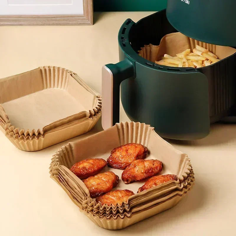 50-Pack Disposable Air Fryer Paper – Non-Stick Oil-Absorbing Baking Pads, Large Square Toughness Tray Liners