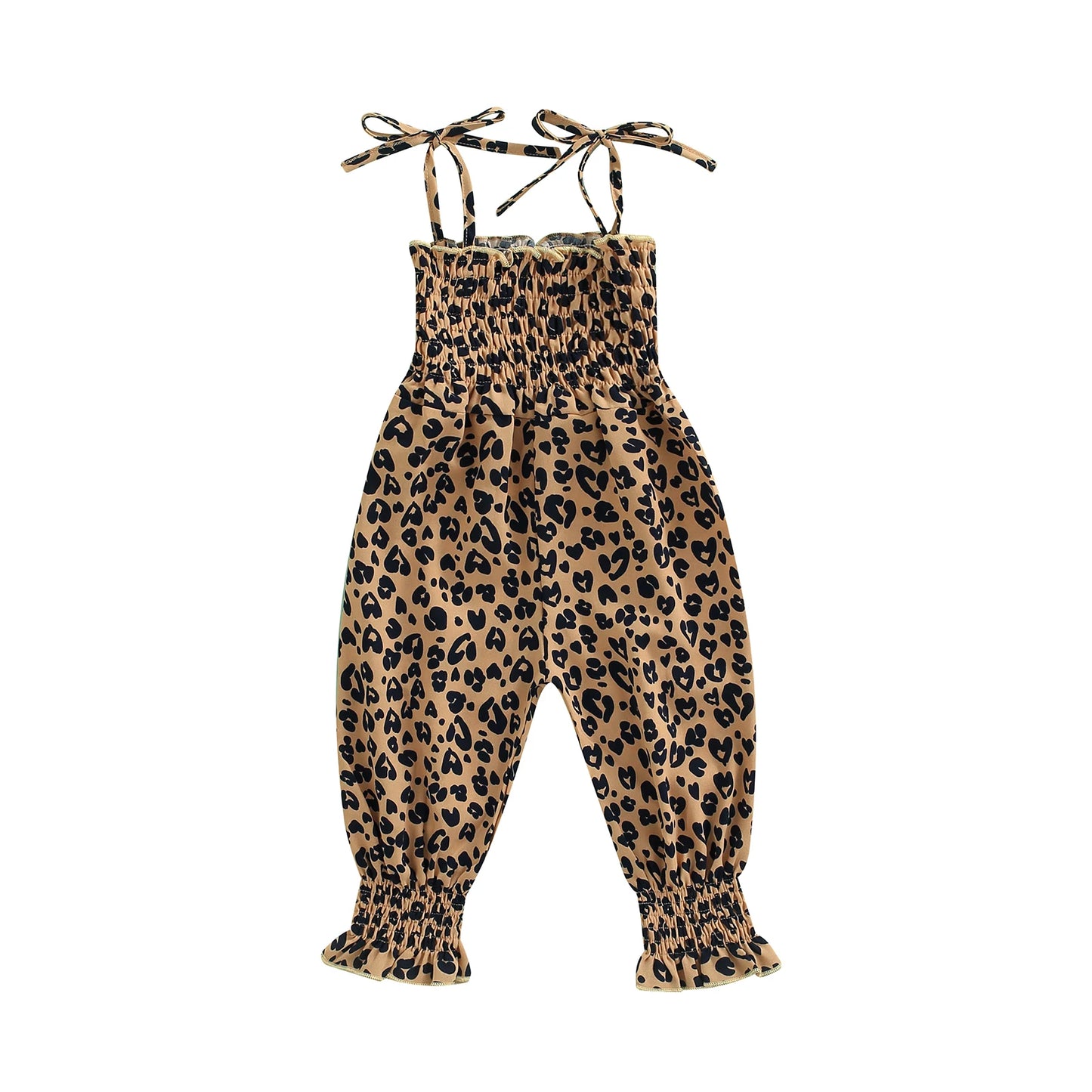 Lioraitiin Toddler Girl Sling Jumpsuit – Heart & Leopard Print Pleated Tie-Up Overalls Romper for Ages 0-4 Years
