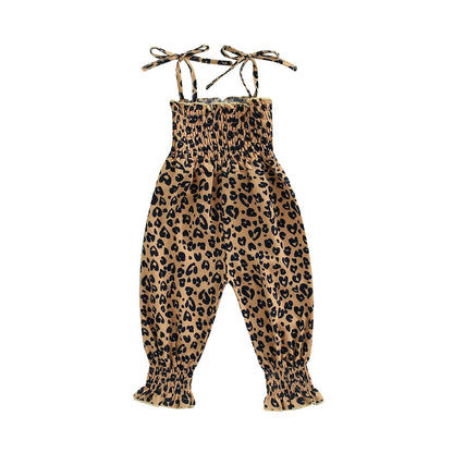Lioraitiin Toddler Girl Sling Jumpsuit – Heart & Leopard Print Pleated Tie-Up Overalls Romper for Ages 0-4 Years