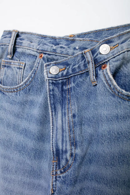 TRAF Women’s Basic Hundred Jeans — High Waist Asymmetric Wide-Leg Trousers, Casual Straight-Leg Fashion Jeans
