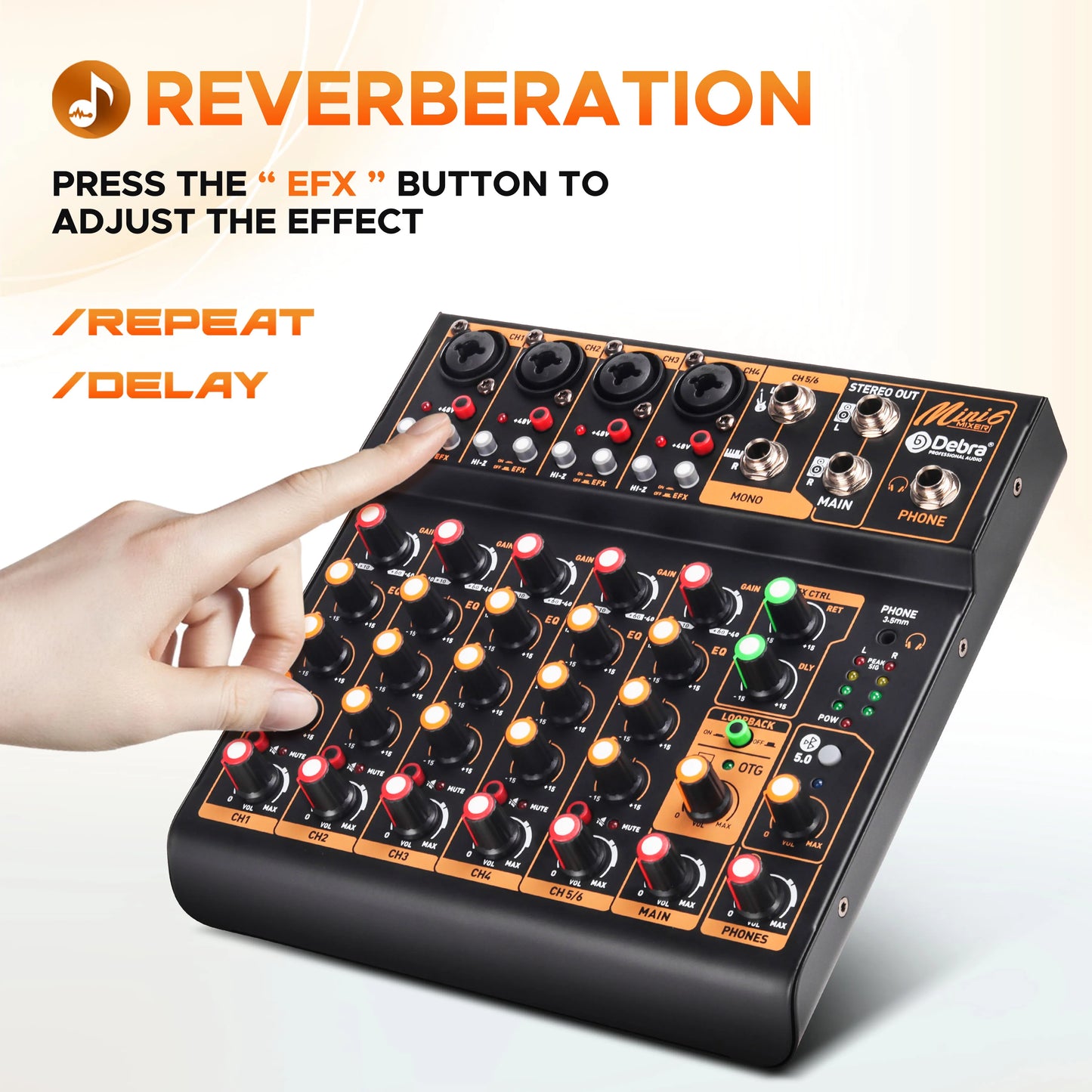 Debra Mini6 6-Channel Metal Audio Mixer Interface with Bluetooth & Delay Repeat Effect – OTG Sound Mixing Console for PC Recording