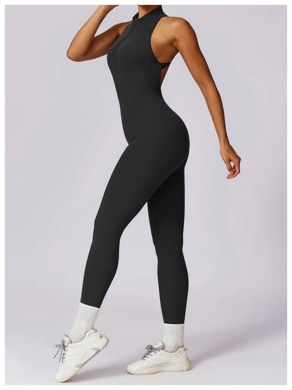 Women’s V-Back One-Piece Sports Jumpsuit — Sleeveless Yoga Romper with Zipper Workout Bodysuit